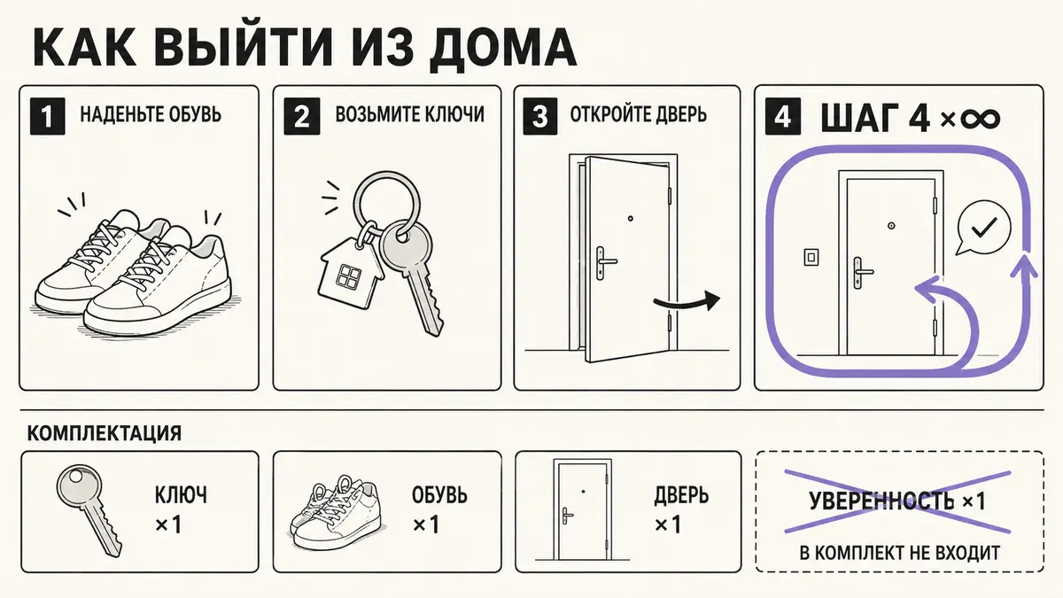 Пародийная инструкция по сборке в стиле мебельной схемы: шаг проверки двери зациклен стрелкой сам на себя