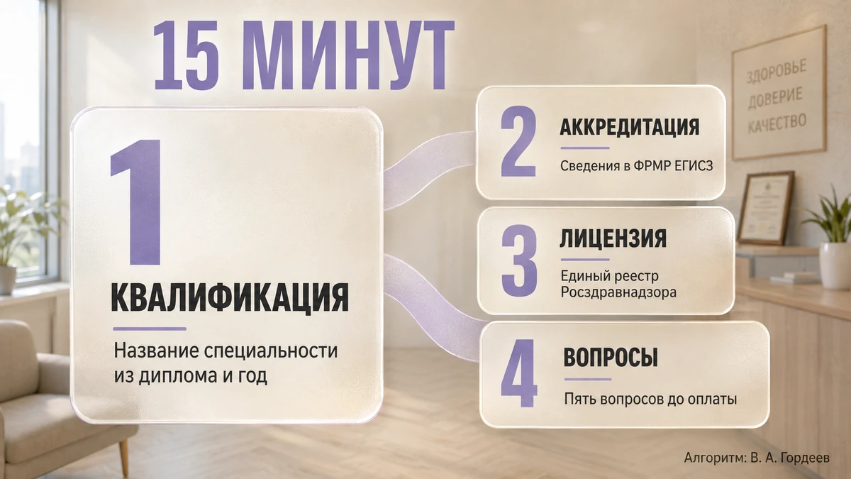Инфографика: четыре шага проверки гипнотерапевта — квалификация, реестр аккредитации, лицензия клиники, вопросы до оплаты