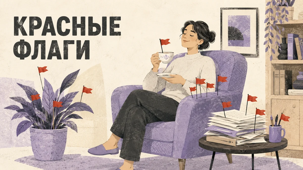 Посетитель спокойно пьёт чай в кабинете, из мебели и цветочного горшка вокруг него торчат маленькие красные флажки