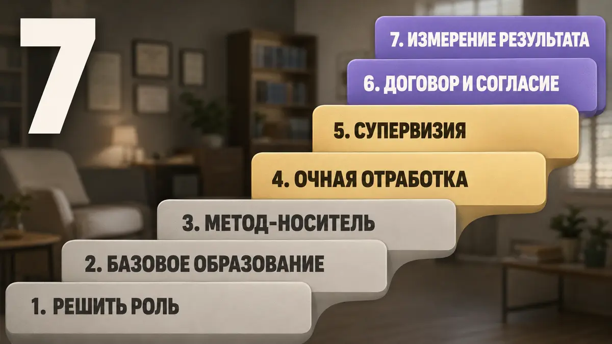 Схема маршрута в профессию из семи ступеней с подписями этапов