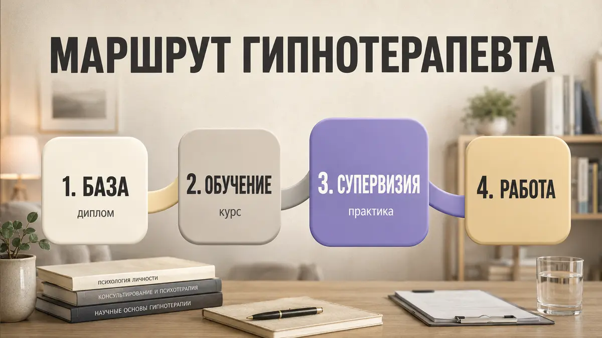 Схема маршрута подготовки специалиста: базовое образование, курс, практика с супервизией, самостоятельная работа
