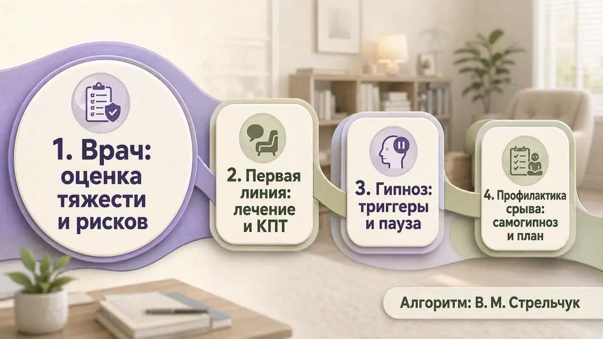 Схема маршрута помощи при зависимости: врач, основное лечение, гипнотерапия, профилактика срыва