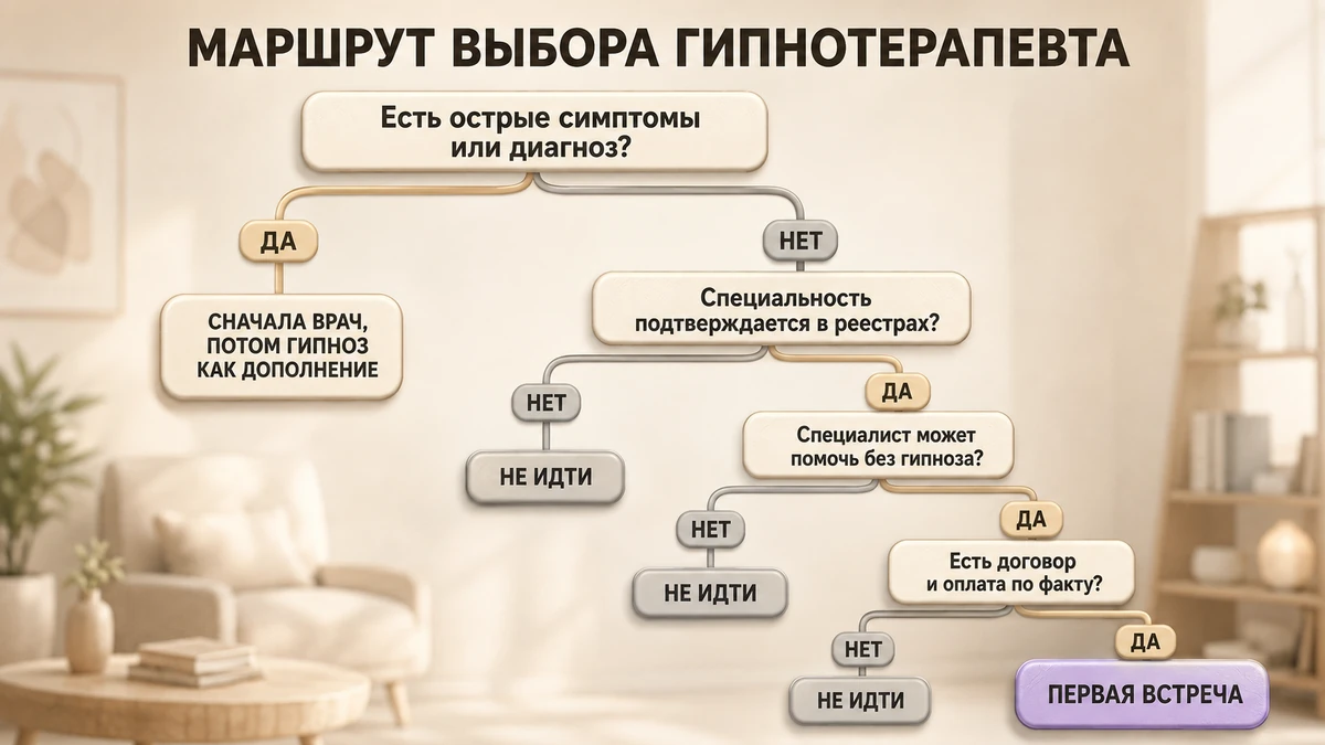 Схема выбора гипнотерапевта в виде дерева решений: от запроса и диагностики до проверки документов и первой встречи