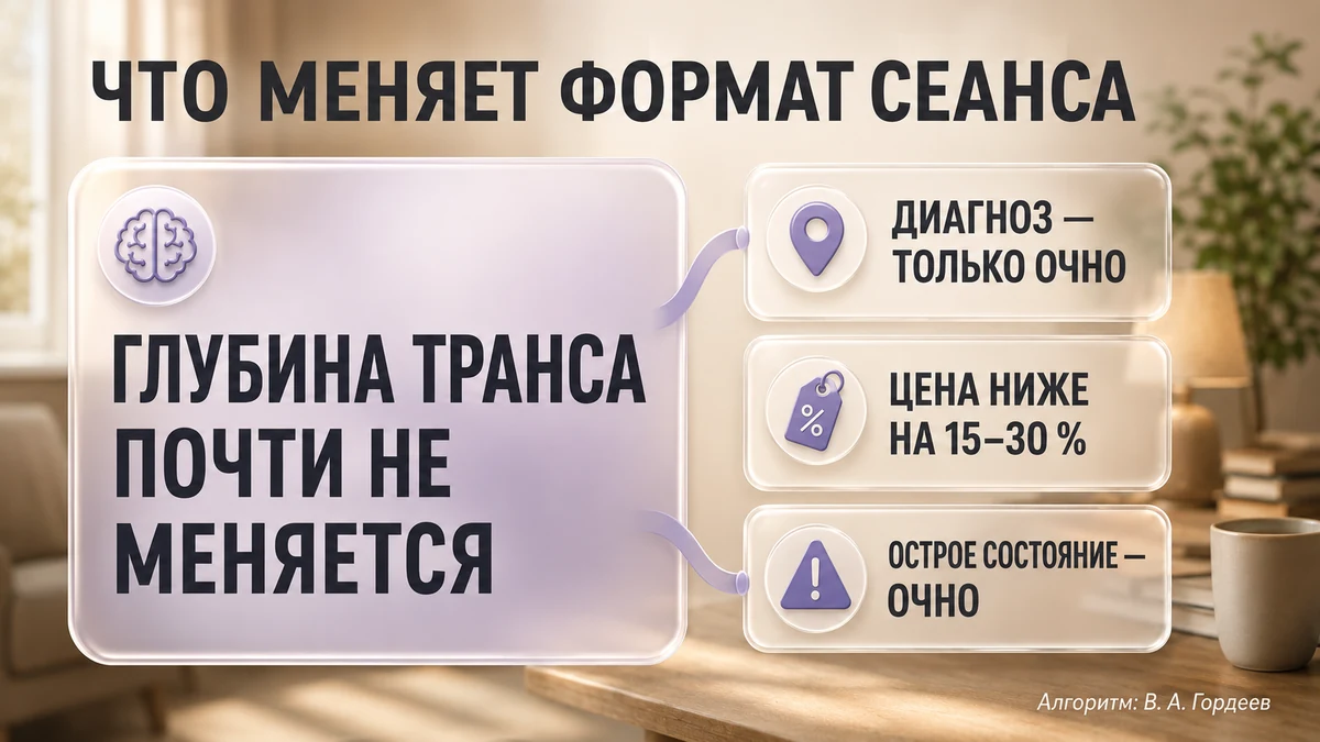Инфографика: сравнение онлайн и очной гипнотерапии по доступности, диагностике, безопасности и цене
