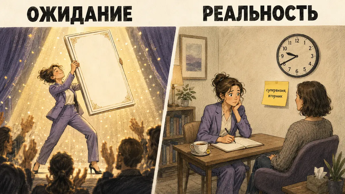 Двухкадровая иллюстрация: слева выпускник курса на сцене с огромным сертификатом, справа он же за столом с одним клиентом
