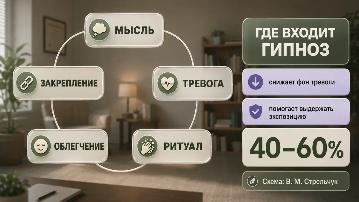 Схема петли ОКР: навязчивая мысль, тревога, ритуал, короткое облегчение, закрепление