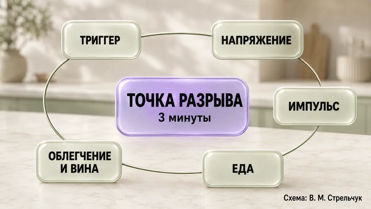 Схема петли заедания стресса: триггер, напряжение, импульс, еда, короткое облегчение, вина