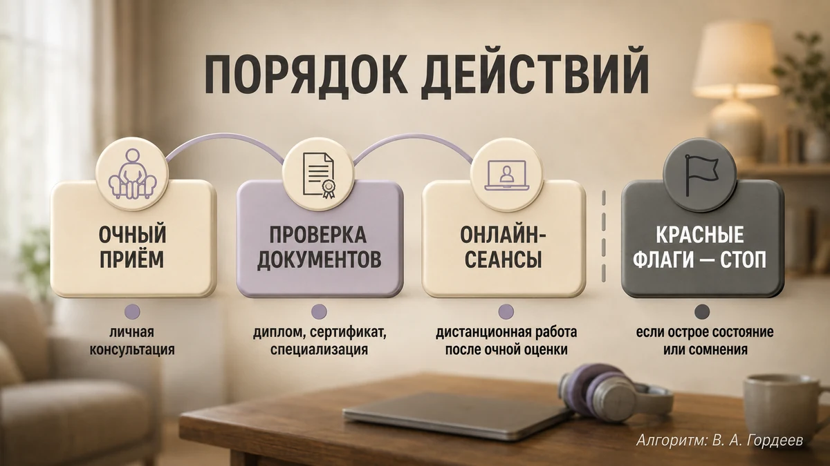 Схема выбора: очная консультация врача, затем дистанционная работа и проверка специалиста