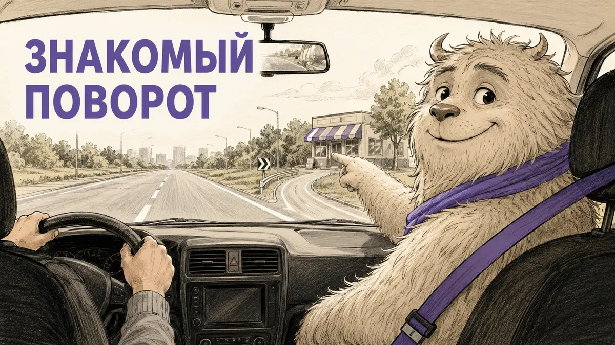 Мохнатый персонаж-привычка на пассажирском сиденье показывает лапой на знакомый поворот