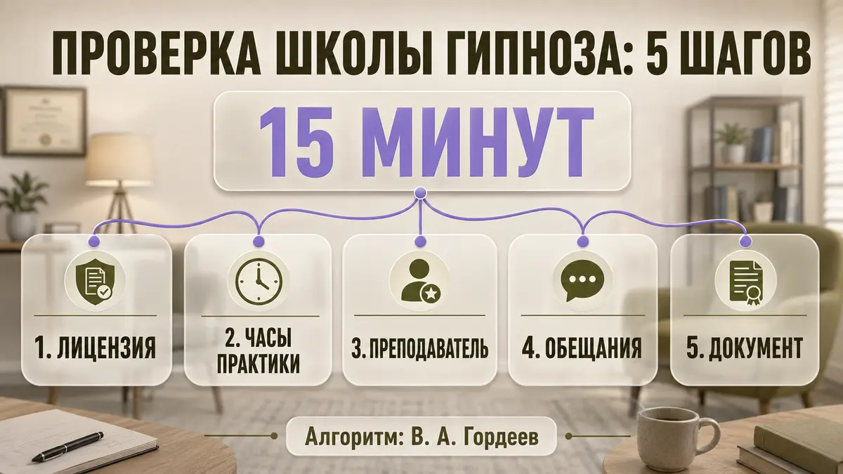 Инфографика: пять шагов проверки школы эриксоновского гипноза — лицензия, часы практики, преподаватель, обещания, документы