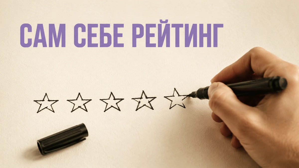 Рука дорисовывает маркером пятую звезду в собственном рейтинге — метафора завышенной самооценки специалиста