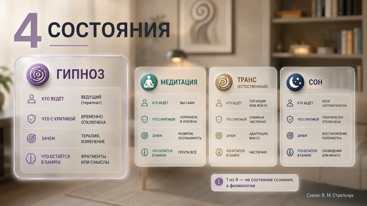 Инфографика: сравнение гипноза, медитации, транса и сна по контролю, критике, цели и памяти