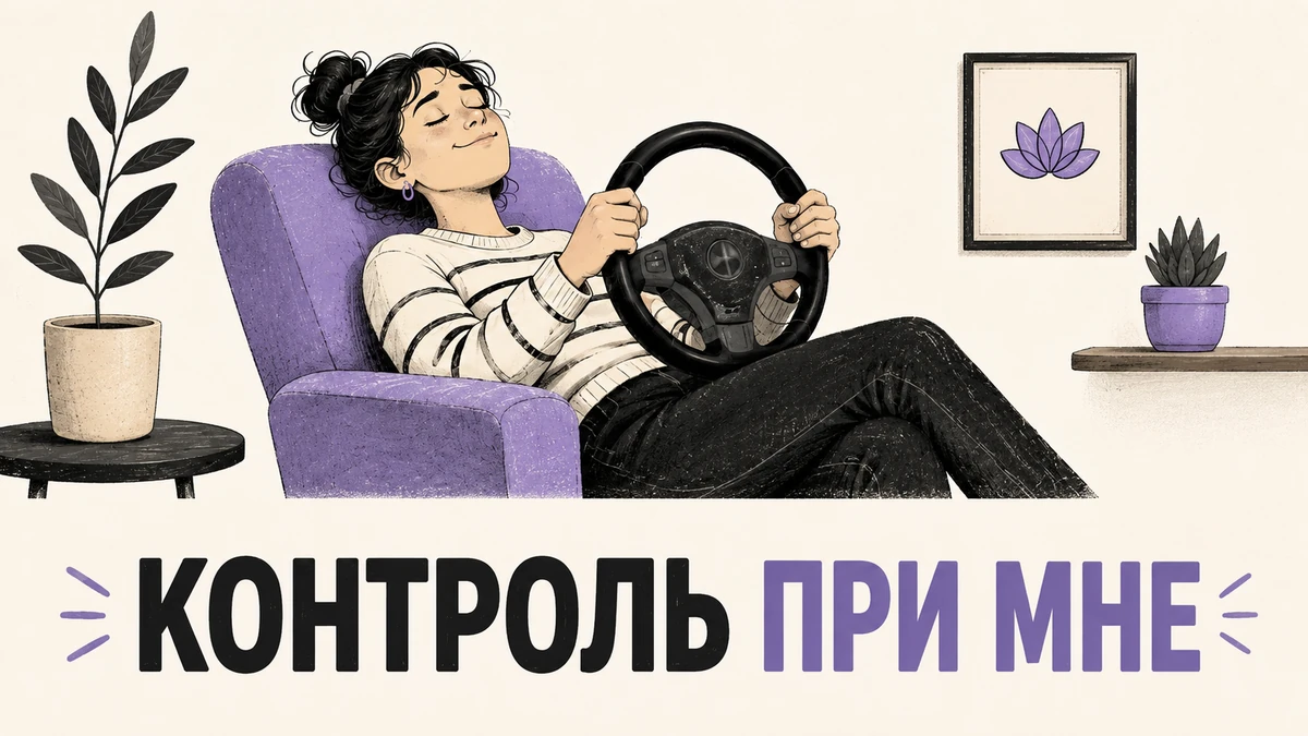 Человек в кресле гипнотерапевта крепко держит в руках автомобильный руль