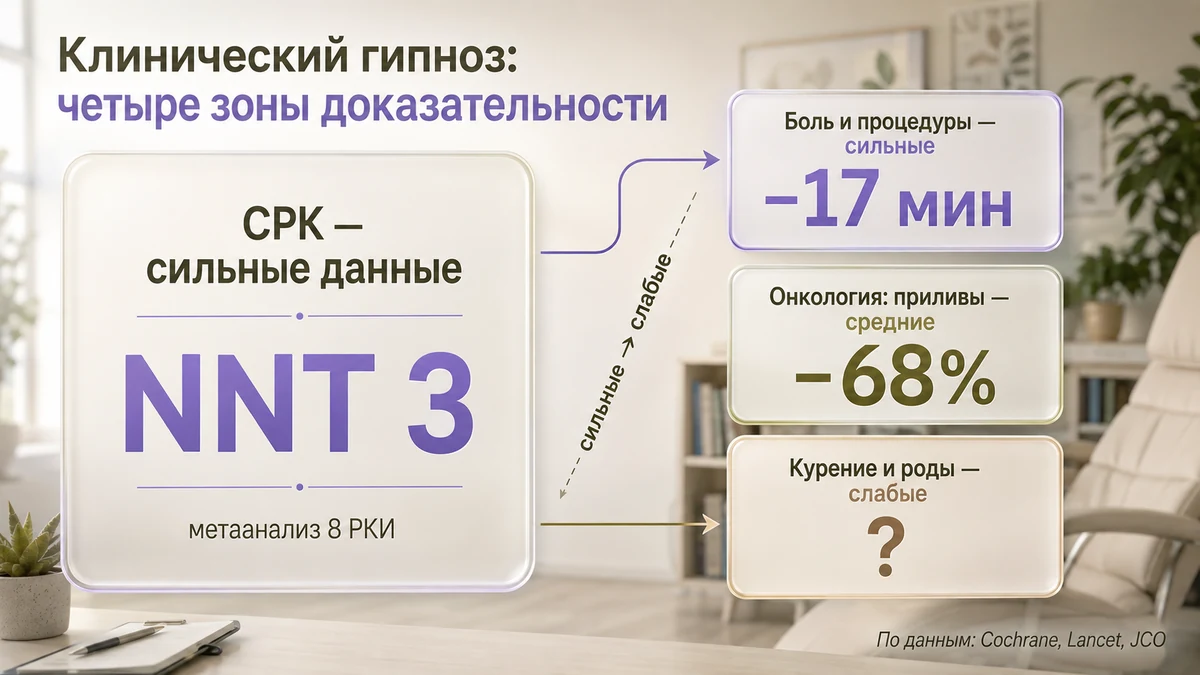 Инфографика: четыре зоны доказательности клинического гипноза от сильной до слабой
