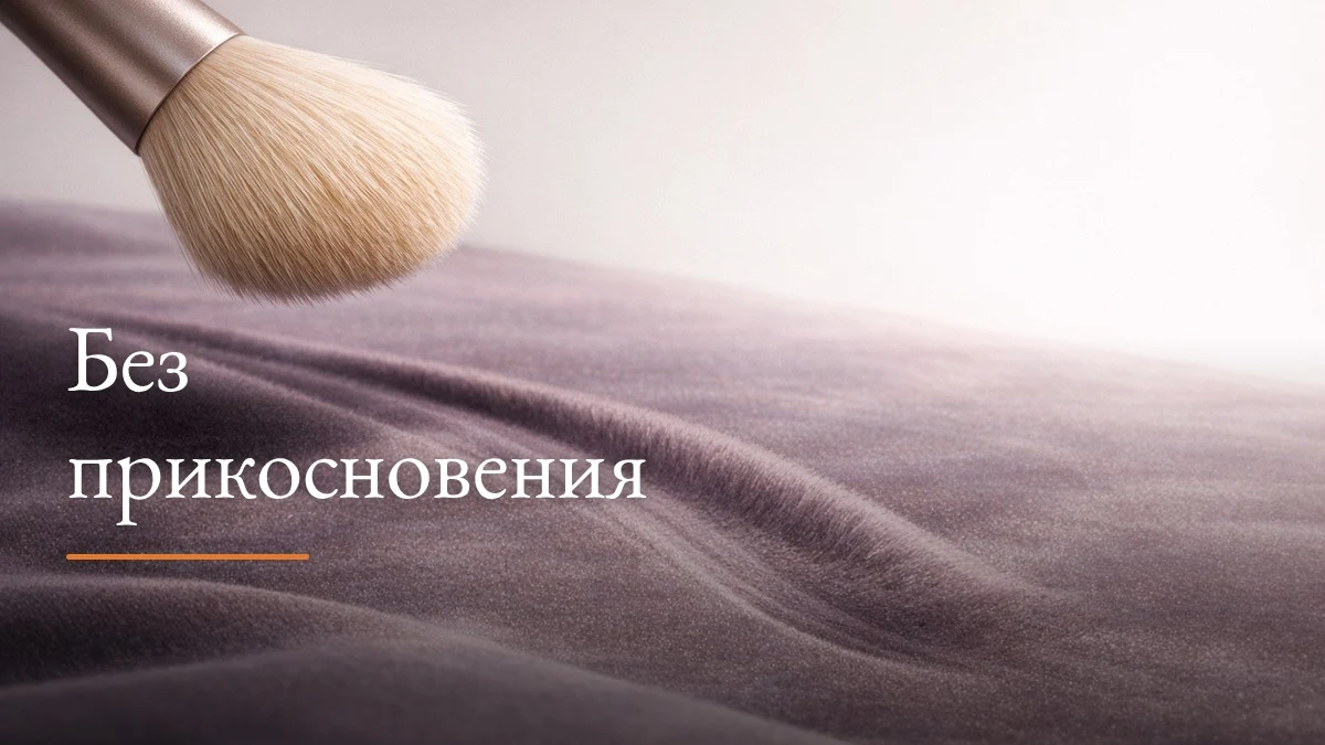 Мягкая кисть зависла над бархатной тканью, а след на ткани уже есть