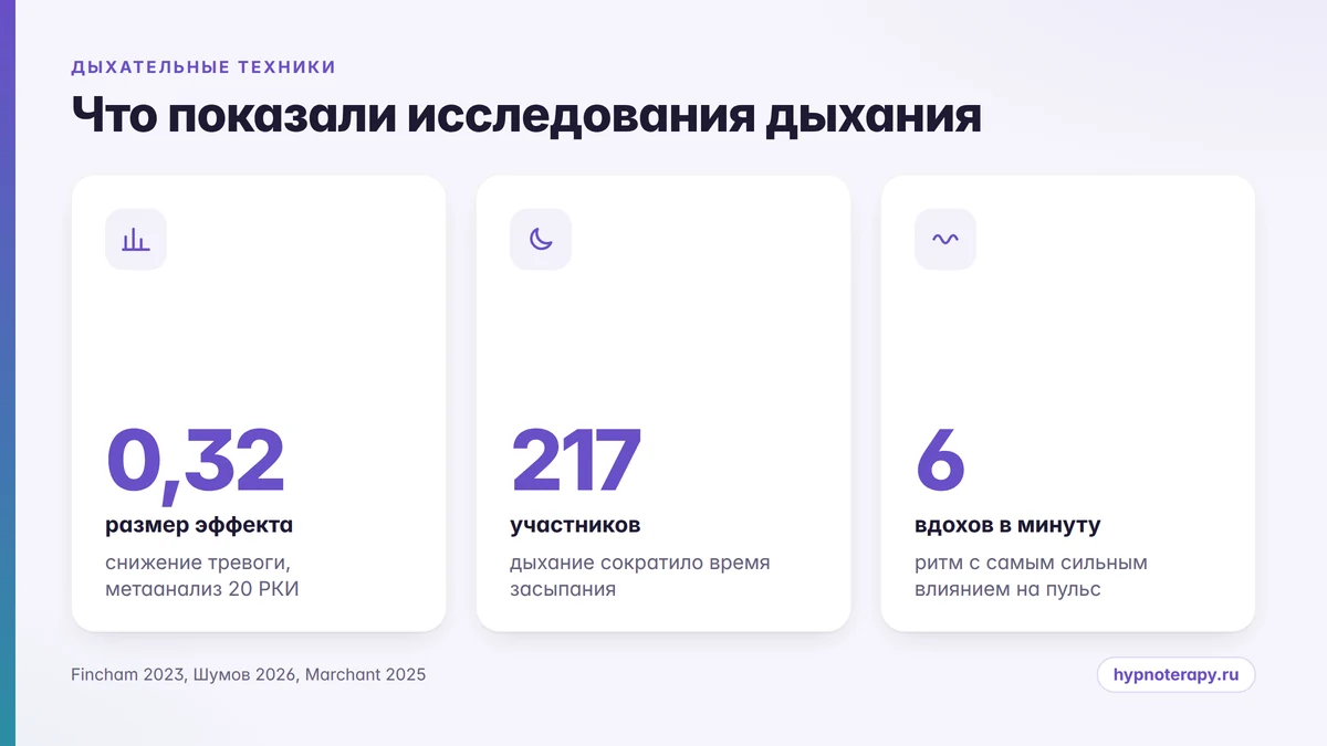 Три числа о дыхательных техниках: размер эффекта при тревоге, 217 участников и шесть вдохов в минуту