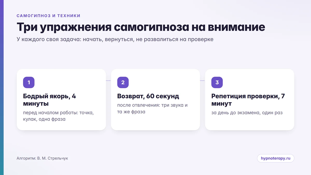 Три упражнения самогипноза на внимание: бодрый якорь 4 минуты, возврат 60 секунд, репетиция проверки 7 минут