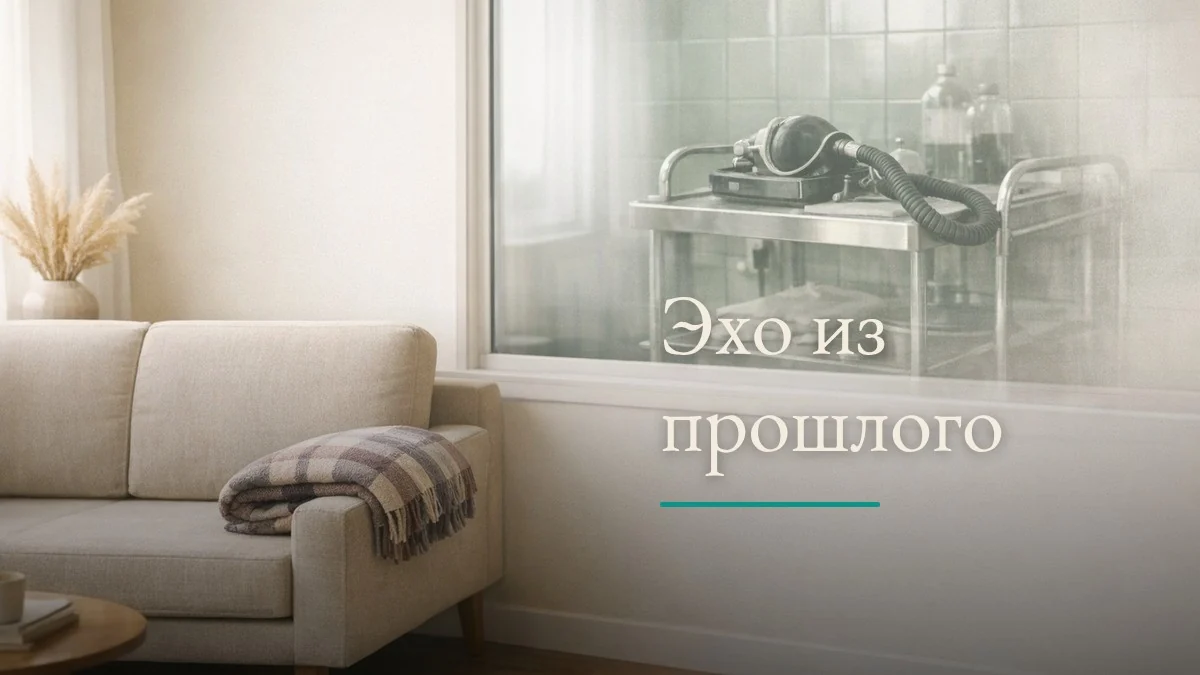 Старая анестезиологическая маска и современная кушетка как метафора прошлого опыта, влияющего на реакцию после гипноза