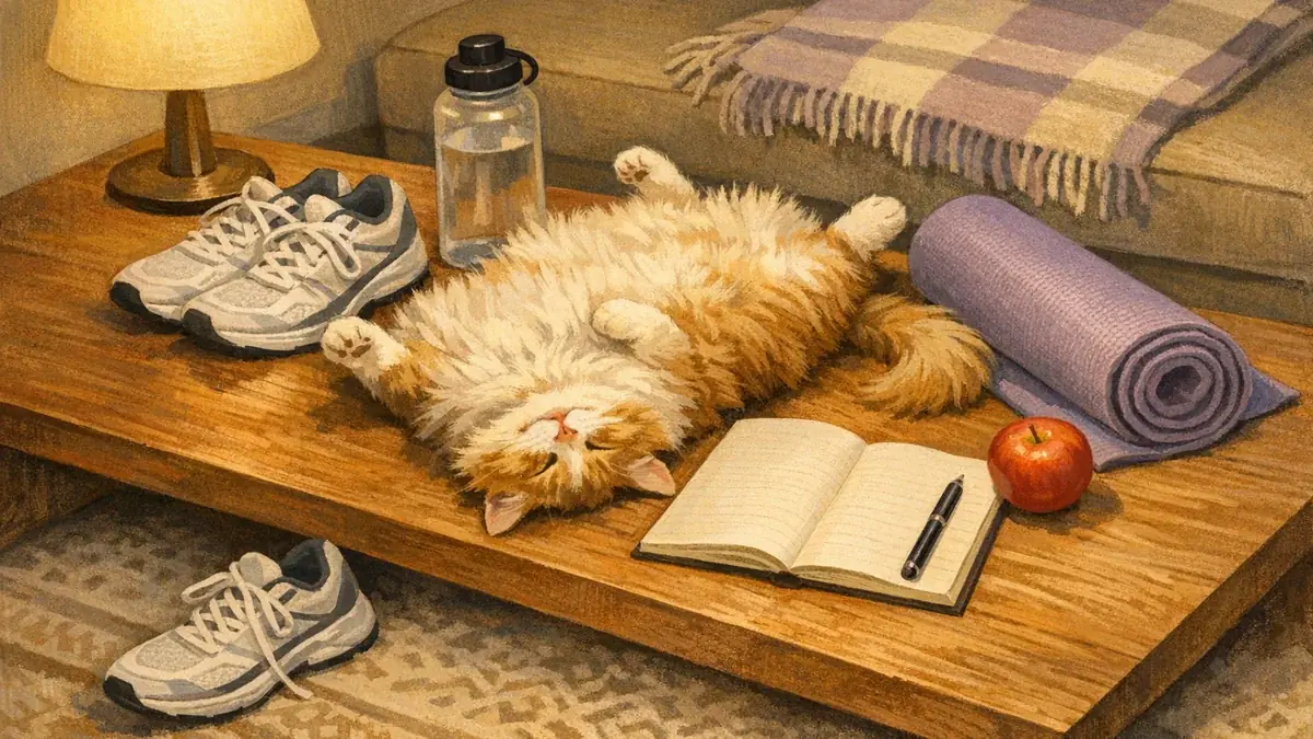 Шуточный рисунок: кроссовки, бутылка воды, коврик и раскрытый блокнот на столе, поверх которых разлёгся кот